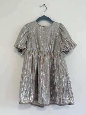 H&M Girls Silver Sequined Occasion Party Dress Puff Sleeve US 3T